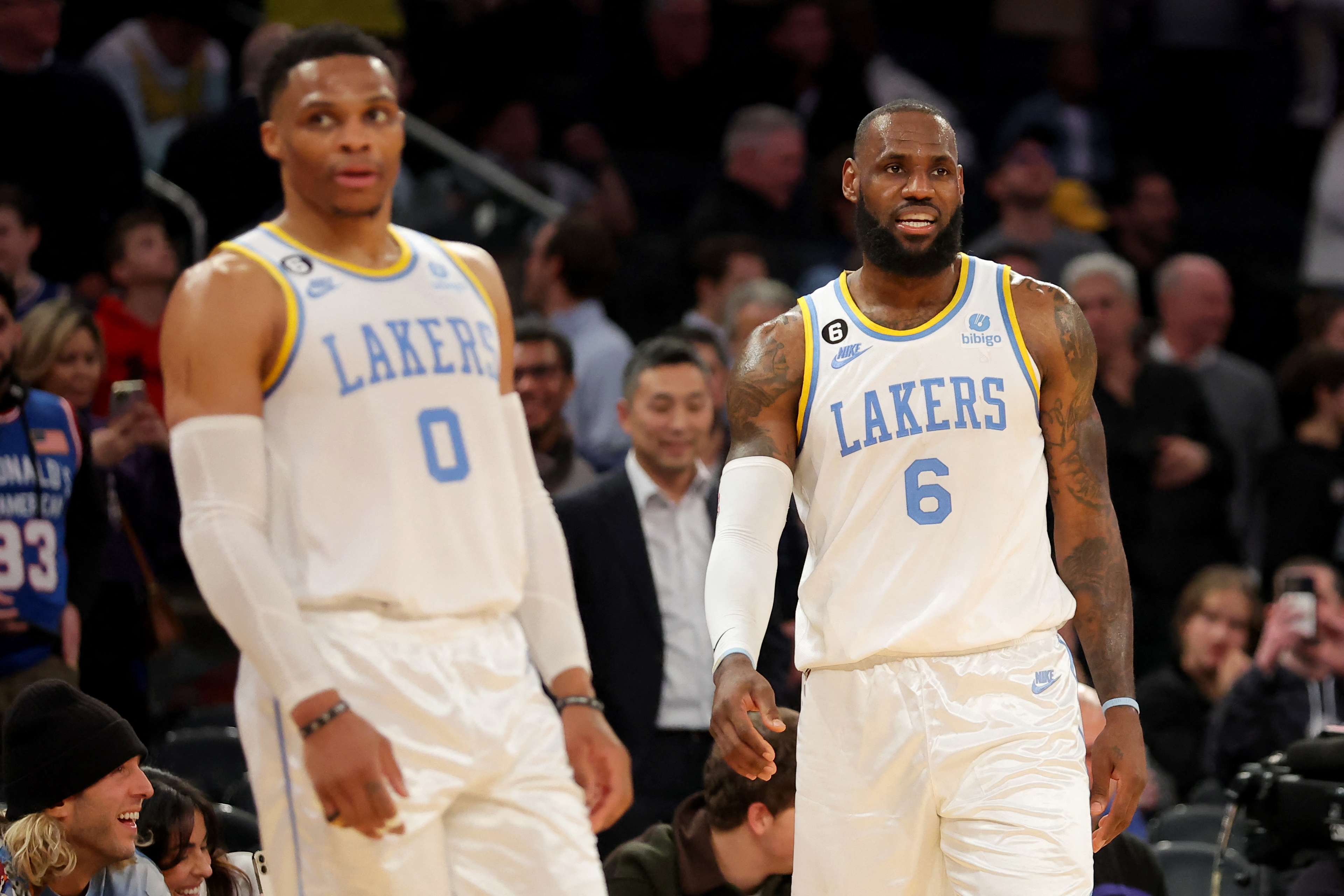 Russell Westbrook and LeBron James for the Los Angeles Lakers in 2023.